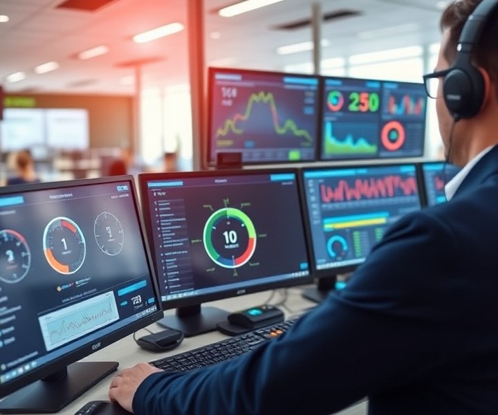 Centro de monitoreo con el estado de la red de terminales en pantalla